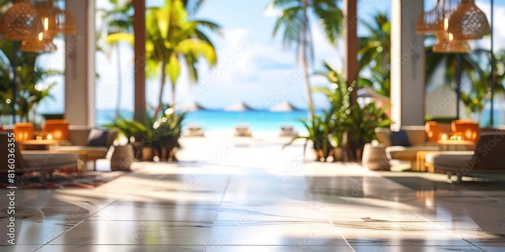 Obraz premium selective focus luxury courtyard of sea side resort with sea view travelling, Generative Ai