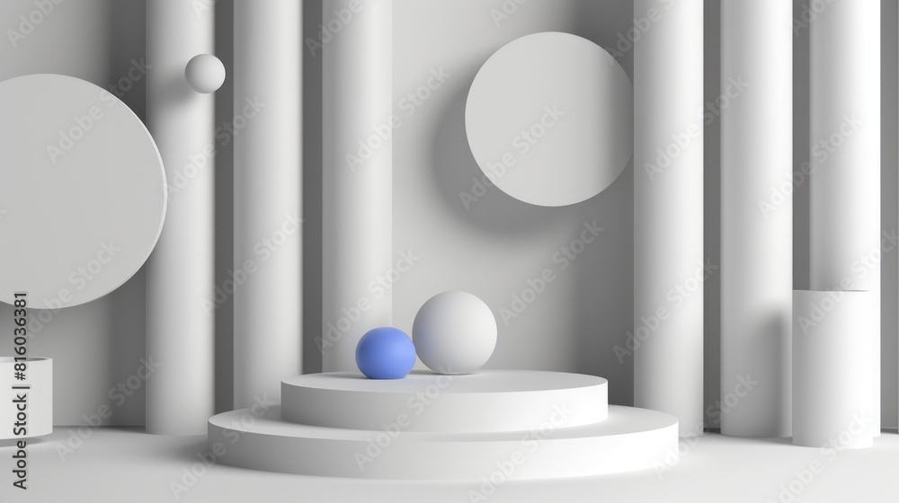 Abstract 3D rendering of geometric shapes including spheres, cylinders, and circles in a minimalist monochromatic setting with a single blue sphere Abstract 3D rendering of geometric shapes including spheres, cylinders, and circles in a minimalist monochromatic setting with a single blue sphere