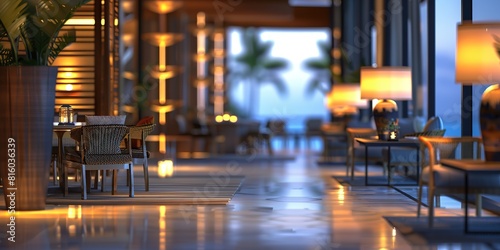 selective focus luxury courtyard of sea side resort with sea view travelling, Generative Ai