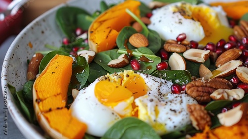 Roasted butternut squash salad served with poached eggs, spinach, nuts . Generative Ai