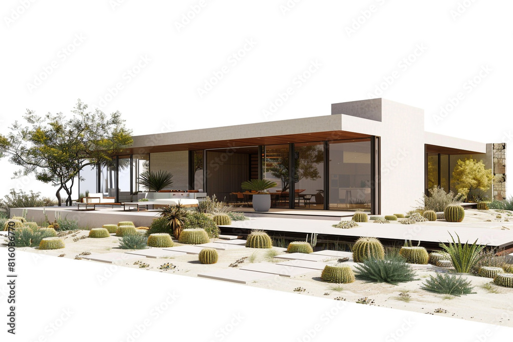 A contemporary desert retreat with a modernist design, desert landscaping, and expansive outdoor living spaces, blending seamlessly with the natural environment against a solid white background.