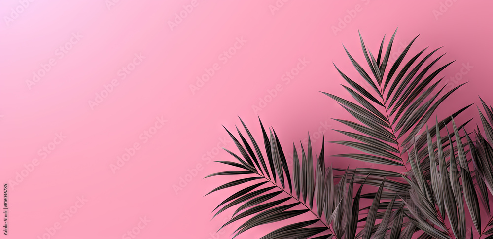 Green leaves of palm tree on pastel pink background. Green leaves of palm tree on pastel pink background.