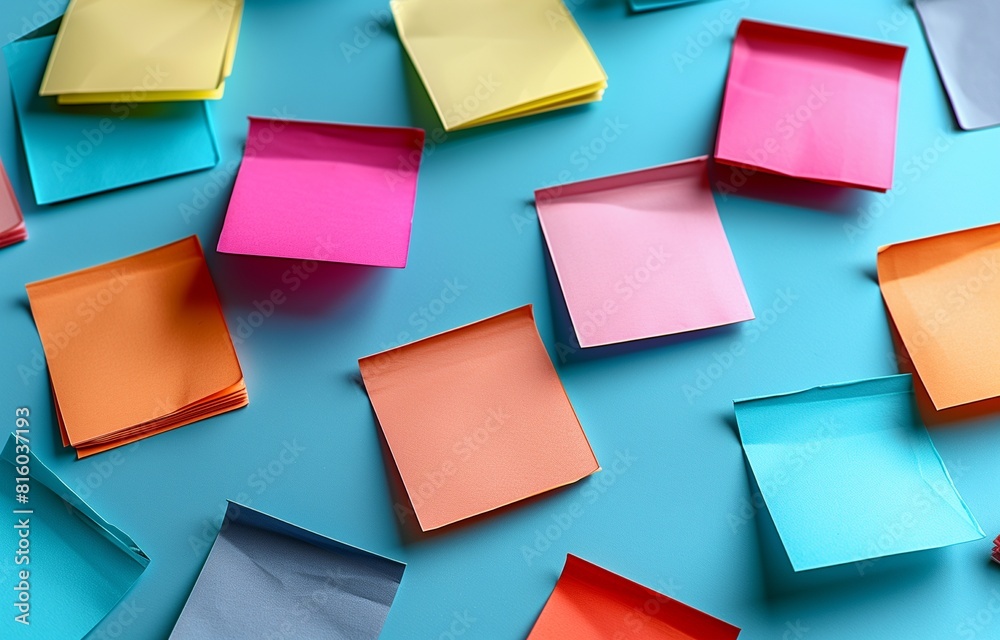 Vibrant sticky notes arranged on a pale blue backdrop, creating a visually captivating display Vibrant sticky notes arranged on a pale blue backdrop, creating a visually captivating display