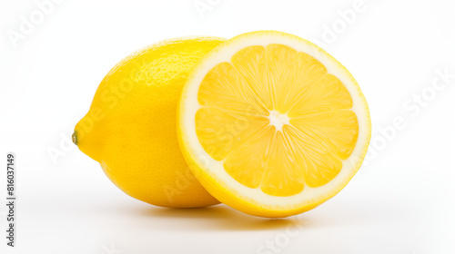 one whole and one sliced half yellow lemon isolated on white background