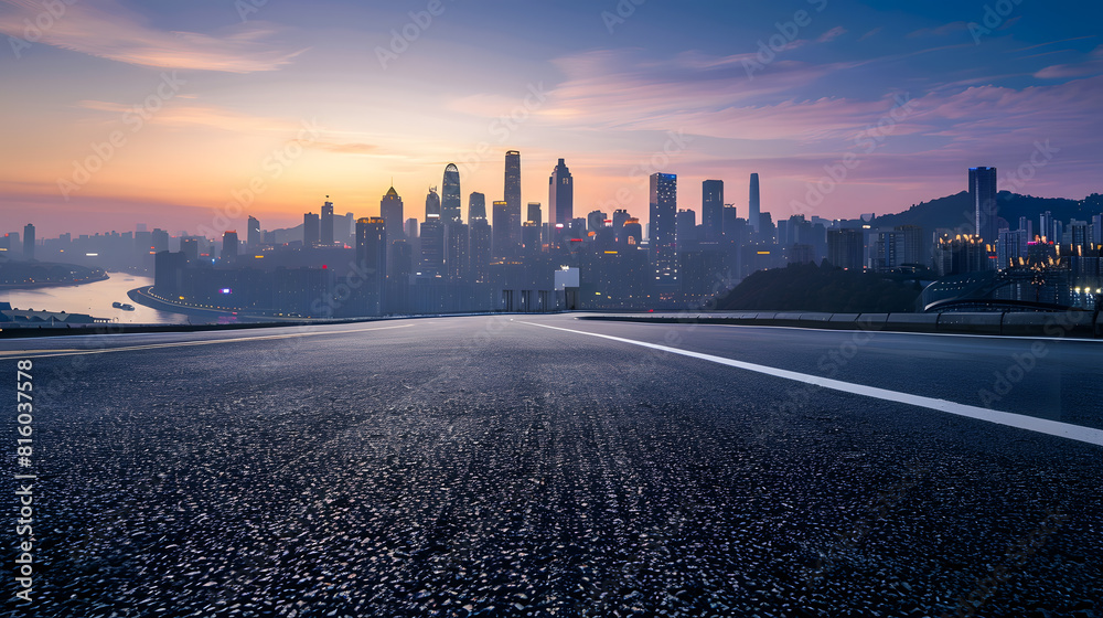 Empty asphalt road and Chongqing city skyline and buildings at sunsetChina : Generative AI