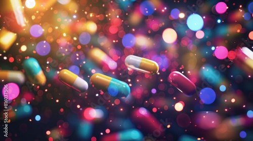 3d rendering of colorful pills and medical capsules on dark background with bokeh lights. Closeup view. Concept for diagram, magazine or poster. Abstract banner design.