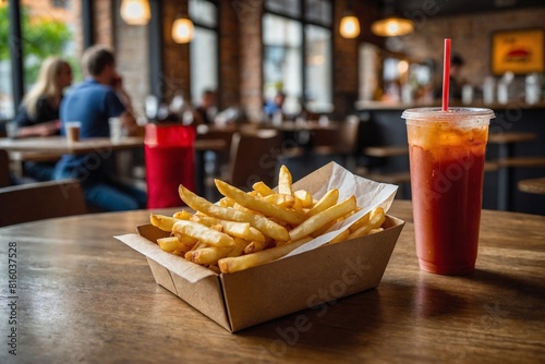 french fries and cold drink are put together on the table, with blurred cafe background