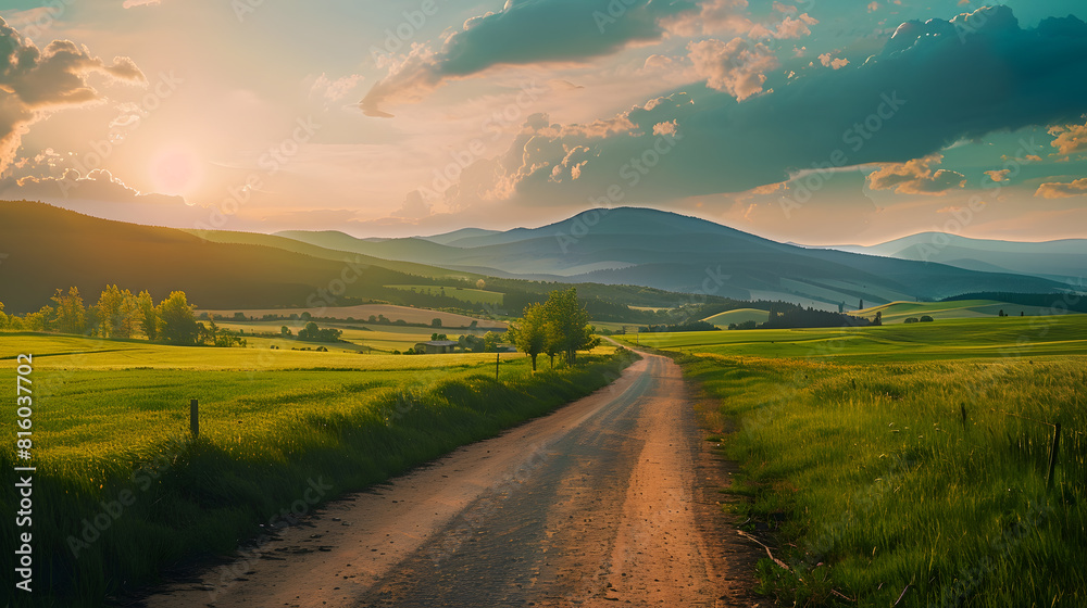 Beautiful summer mountain rural landscape Panorama of summer green field with dirt road and Sunset cloudy sky : Generative AI
