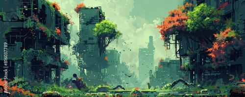 A post-apocalyptic wasteland where the ruins of human civilization are slowly being reclaimed by nature, with vines and moss covering the crumbling buildings and rusted machinery. illustration.