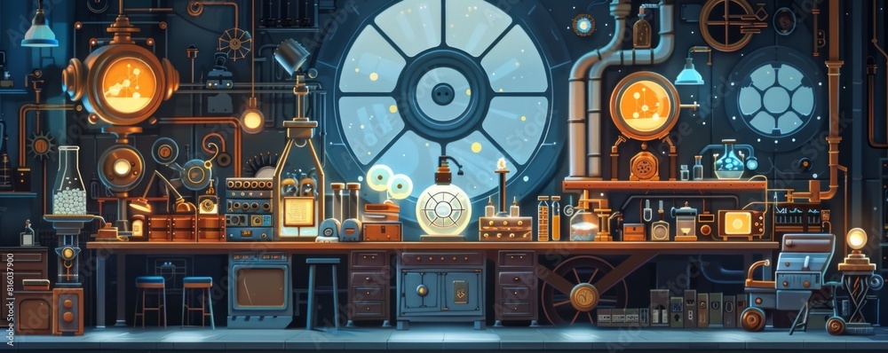 A steampunk laboratory where scientists conduct experiments on the very fabric of reality, using steam-powered machinery and arcane contraptions.   illustration.