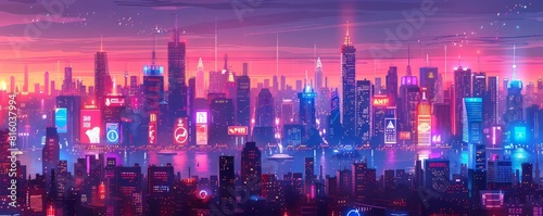 A retro-futuristic cityscape at dusk  with neon signs and holographic advertisements casting a colorful glow across the urban skyline as night falls.   illustration.