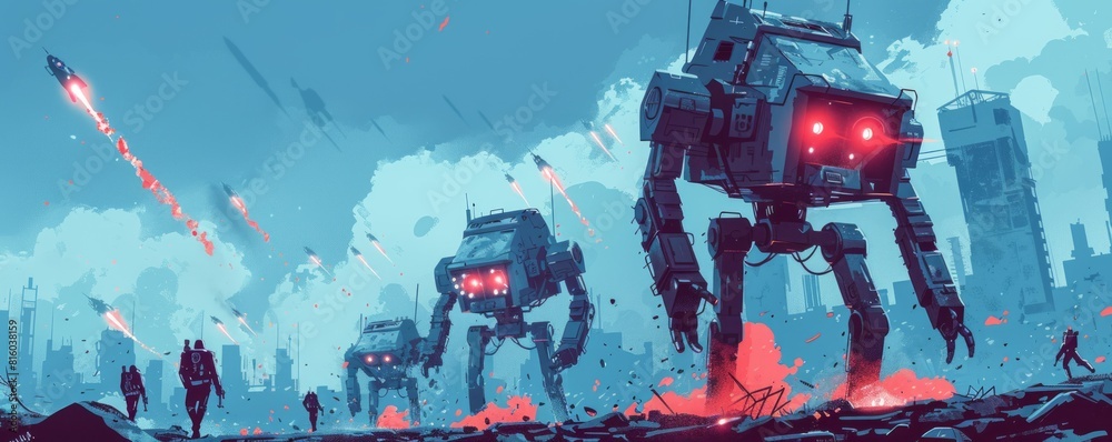 A cybernetic battlefield where robotic soldiers clash in a fierce struggle for dominance, their mechanical limbs tearing through the wreckage of war-torn cities.   illustration.