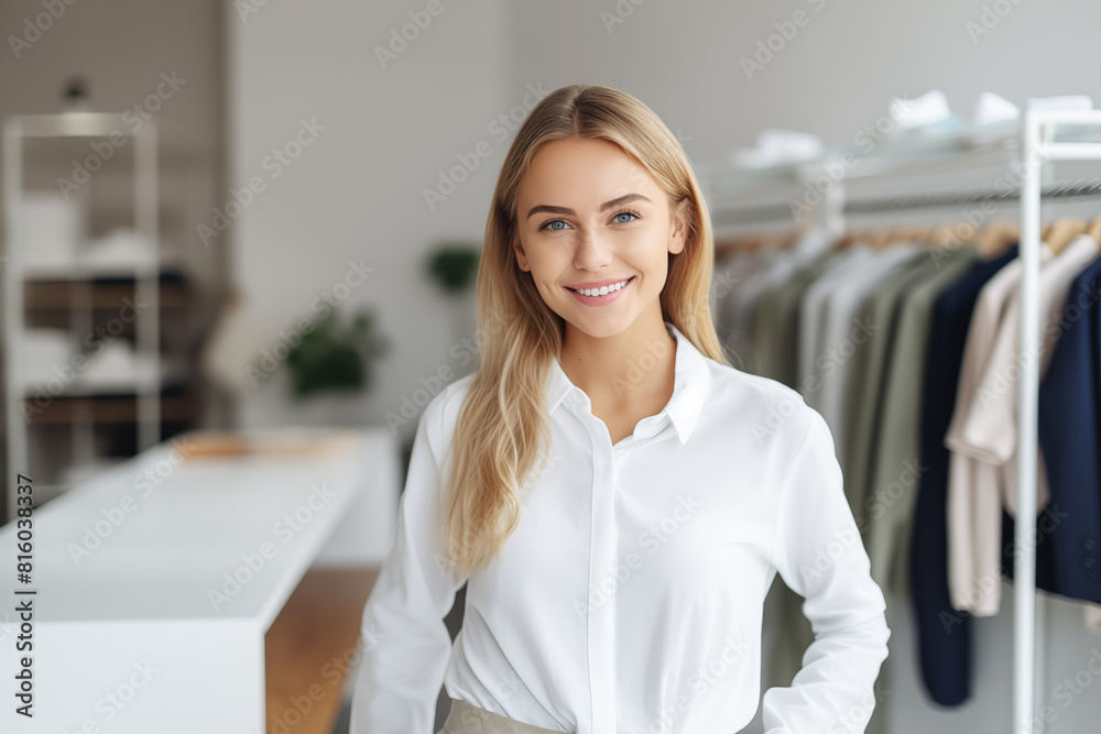 Young female sales clerk smiling at camera in a clothing store. Retail and youth Young female sales clerk smiling at camera in a clothing store. Retail and youth