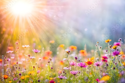 Colorful Flower Meadow with Sunbeams and Bokeh Lights Background