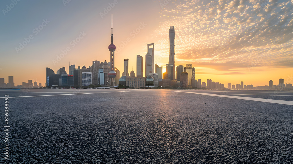 Empty asphalt road and city skyline with buildings at sunset in Shanghai : Generative AI