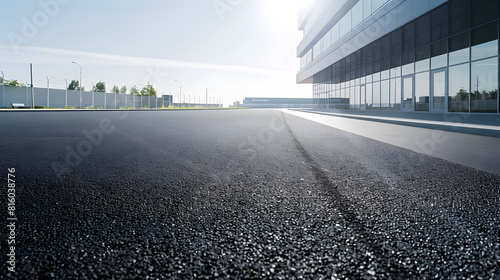 The empty asphalt road is built along modern commercial building : Generative AI photo