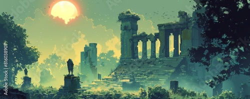 A mystical realm of ancient ruins and forgotten civilizations, where crumbling temples and overgrown statues stand as silent reminders of a bygone era. illustration.