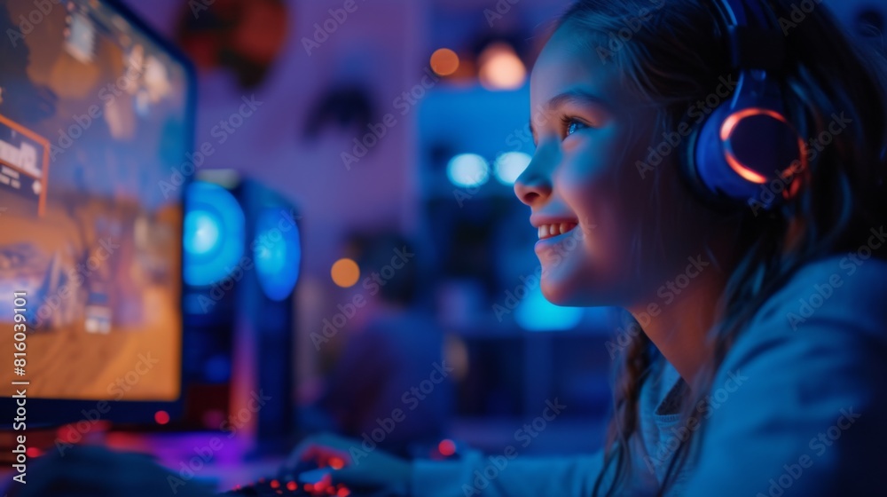 Child engrossed in a video game, surrounded by friends on screen as they play together online Child engrossed in a video game, surrounded by friends on screen as they play together online