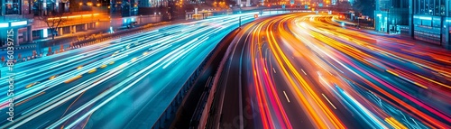 High speed urban traffic on a city highway during evening rush hour  captured by motion blur lighting effect and abstract long exposure photography