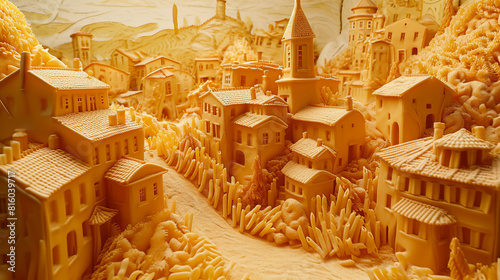 Abstract illustration, village houses made from pasta and vermicelli. Landscape rural.