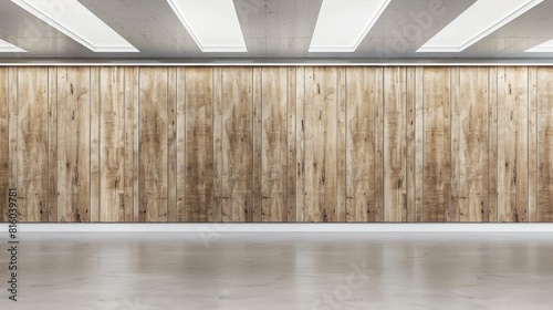 A modern interior space with a wooden plank wall and a polished concrete floor. The ceiling features recessed lighting in a grid pattern photo