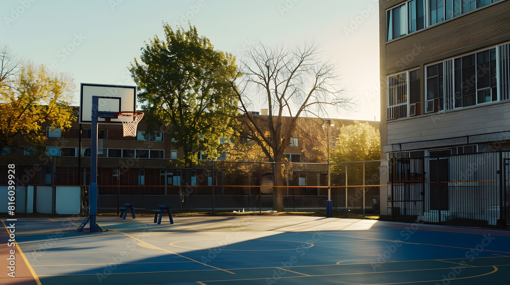 Schoolyard with basketball court and school building exterior in the sunny evening School yard with playground : Generative AI