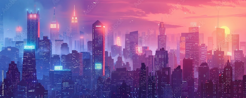 A dystopian cityscape dominated by towering skyscrapers and smog-choked air, where neon signs illuminate the crowded streets below.   illustration.