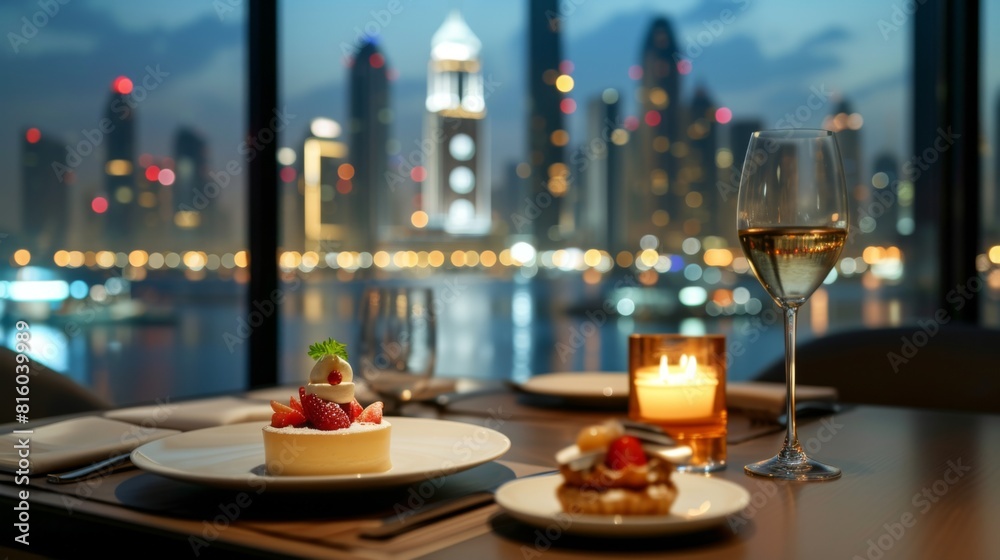 Fototapeta premium Beautifully presented dessert in a restaurant, with the city skyline serving as a stunning backdrop
