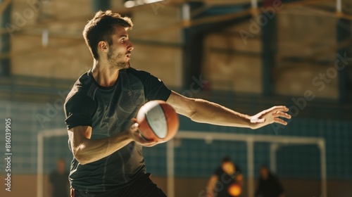 white man practicing handball sport, person is focused and enjoying the sport, sports photography, generative ai.