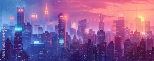 A dystopian cityscape dominated by towering skyscrapers and smog-choked air  where neon signs illuminate the crowded streets below.   illustration.