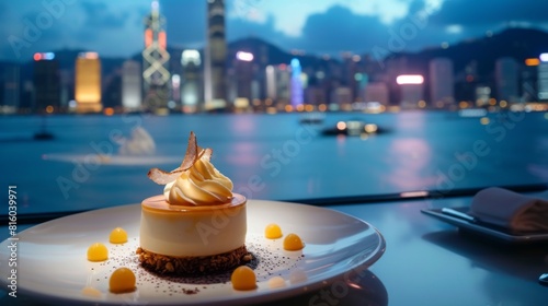 Decadent dessert served in a restaurant with a view of the city skyline outside the windows