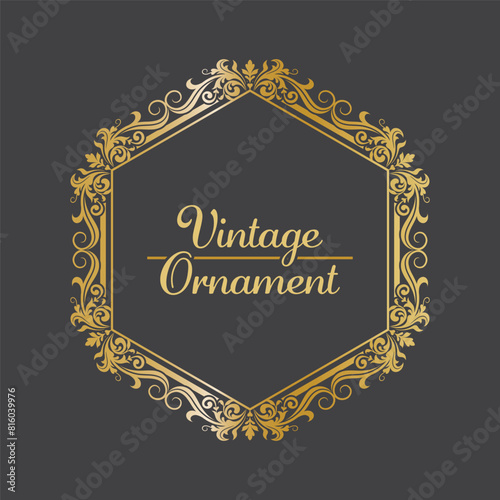 Golden Vintage frame Ornament in hexagon Shape .Golden Border ornament. golden luxury ornament Suitable for wedding invitation card and label.