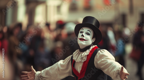 A mime artist performing a classic routine, their expressive face and gestures drawing in a mesmerized crowd. Dynamic and dramatic composition, with copy space photo