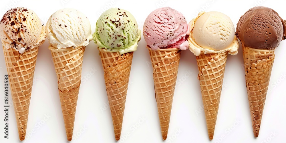Assorted ice cream in sugar cones on white background. illustration Assorted ice cream in sugar cones on white background. illustration
