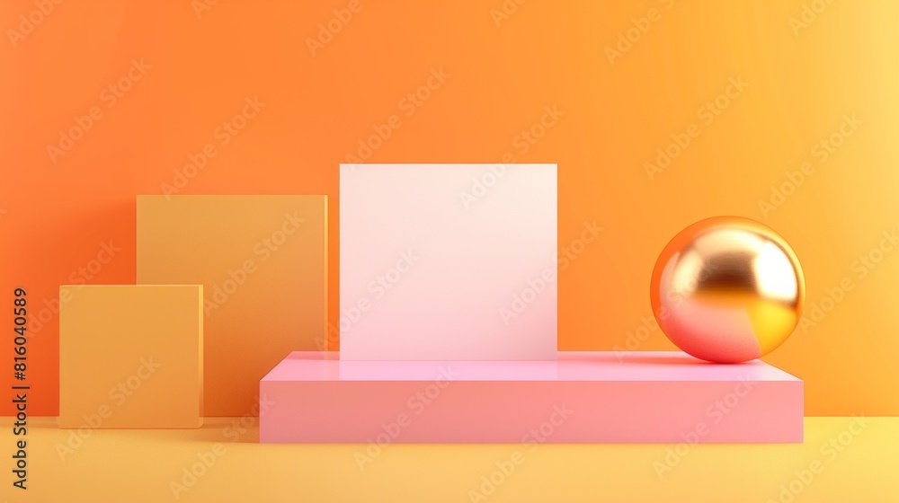 A minimalist geometric composition featuring a pink platform, a golden sphere, and various square shapes against an orange background