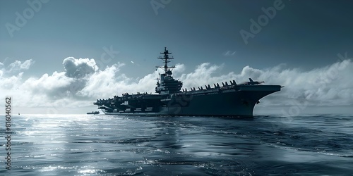 Panoramic view of a military aircraft carrier and sinking Titanic disaster. Concept Military Aircraft Carrier, Panoramic View, Sinking Titanic Disaster