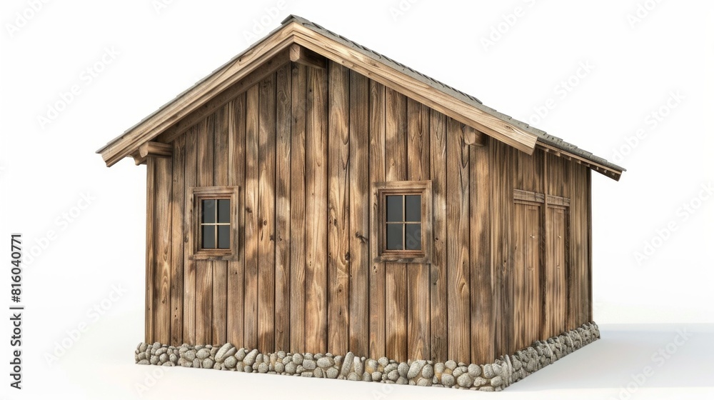 A rustic wooden cabin with a stone foundation, featuring small windows and a simple door, isolated on a white background