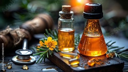 Cutting edge pharmaceutical products displayed in a state of the art laboratory environment