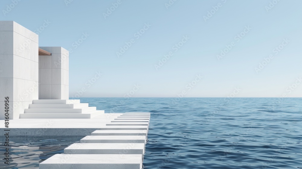 Minimalist architectural design by the sea with white steps leading into the water under a clear blue sky