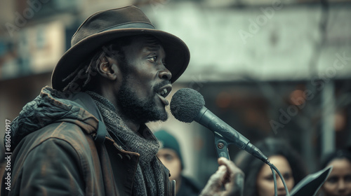 Wallpaper Mural A street poet reciting verses with passion, the intensity of their expression mirrored in the faces of the listeners. Dynamic and dramatic composition, with copy space Torontodigital.ca