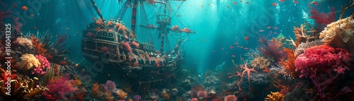 Underwater scene of a sunken pirate ship photo