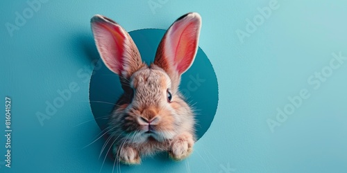 dorable bunny ears popping out from a circular cut-out in a bright blue surface. Easter concept. illustration photo