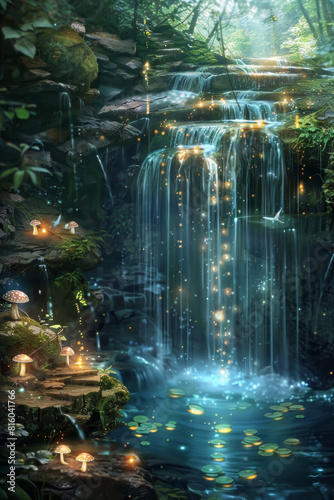 A magical forest waterfall cascading into a crystal-clear pool  with a hidden fairy grotto behind the veil of water and glowing mushrooms scattered along the mossy rocks