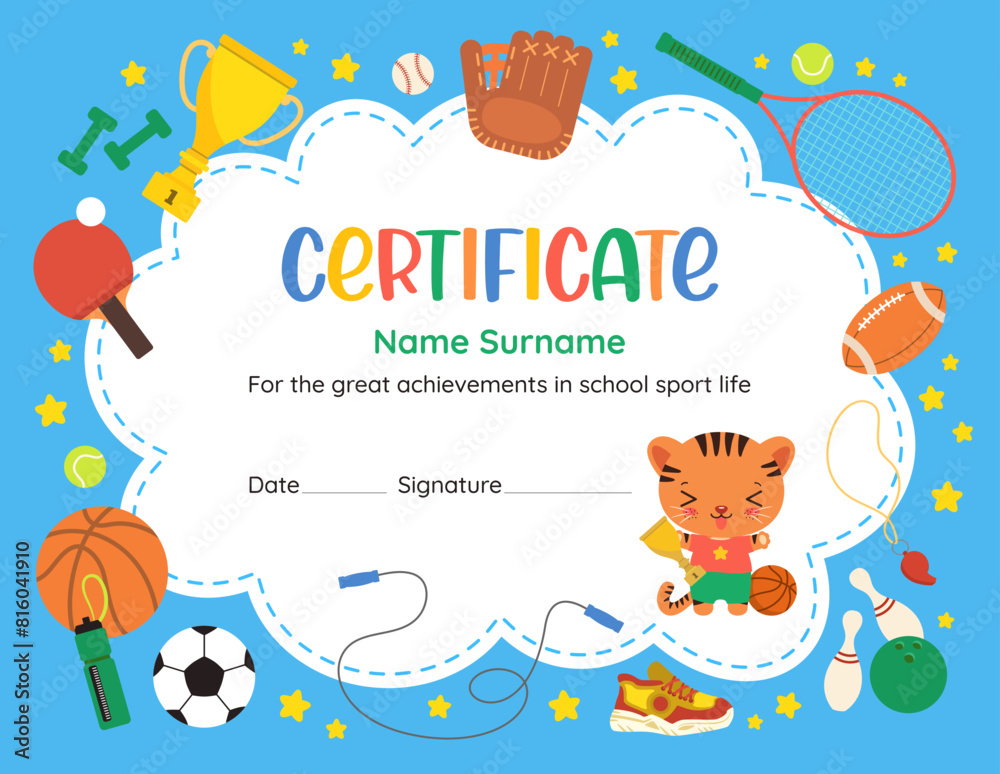 Cute sports achievement certificate of recognition. Fun design template with kawaii cartoon animal tiger. Flat vector sport icons. Perfect for celebrating young athlete success in elementary school. Cute sports achievement certificate of recognition. Fun design template with kawaii cartoon animal tiger. Flat vector sport icons. Perfect for celebrating young athlete success in elementary school.