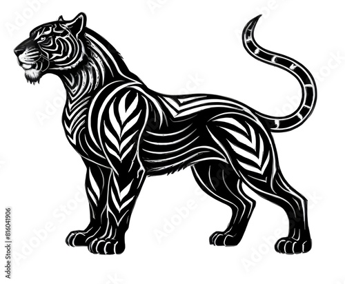 A minimalist abstract tiger with intricate geometric patterns and shapes  standing in a powerful and fierce pose
