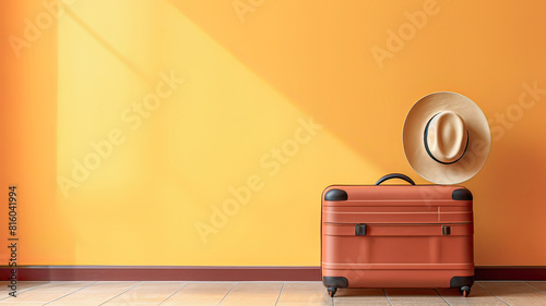 Vibrant yellow-orange wall beside brown suitcase with hat, symbolizing travel and exploration. photo