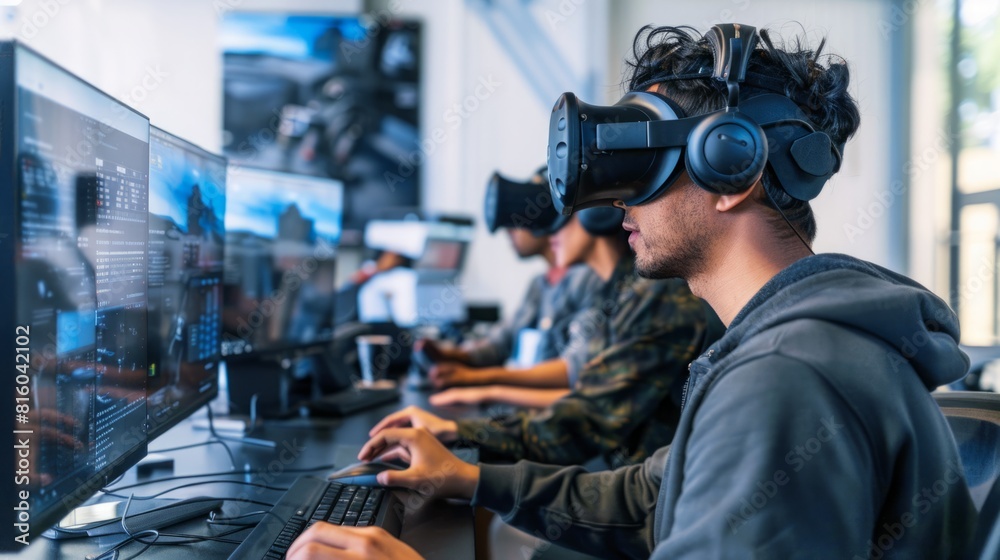 Several individuals are seen using virtual reality headsets while seated in front of a computer. Several individuals are seen using virtual reality headsets while seated in front of a computer.