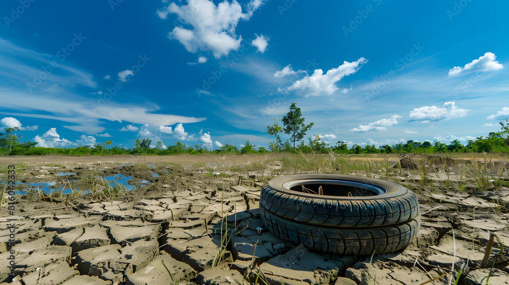 Naklejka premium Empty dry cracked swamp reclamation soil land plot for housing construction project with car tire print in rural area and beautiful blue sky with fresh air Land for sales landscape con : Generative AI