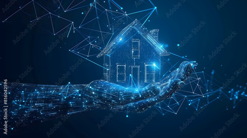 Naklejka premium A hand holding a house with a blue background
