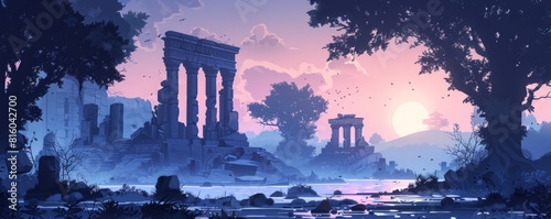 A mystical realm of ancient ruins and forgotten temples, where crumbling stone structures and overgrown foliage conceal secrets of the past, and the echoes of lost civilizations linger in the air like